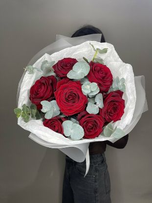 Picture of Red roses with eucalyptus