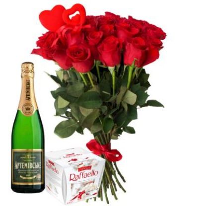 Picture of 15 Red roses with Chocolate and Champagne