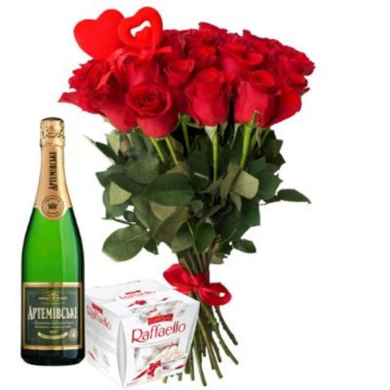 Picture of 15 Red roses with Chocolate and Champagne